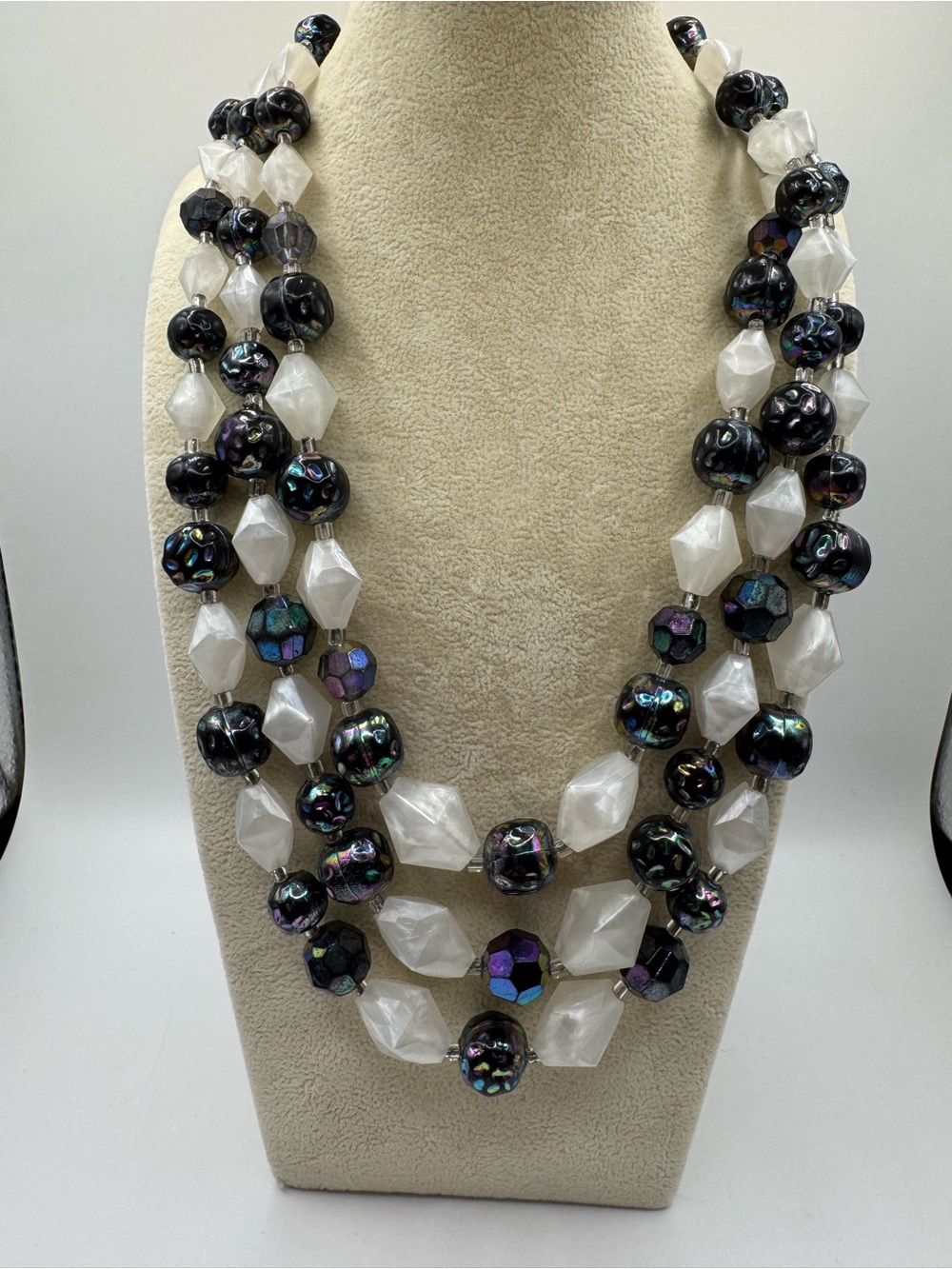 VTG Made in Austria Iridescent Black and White Multi-Strand Beaded Necklace